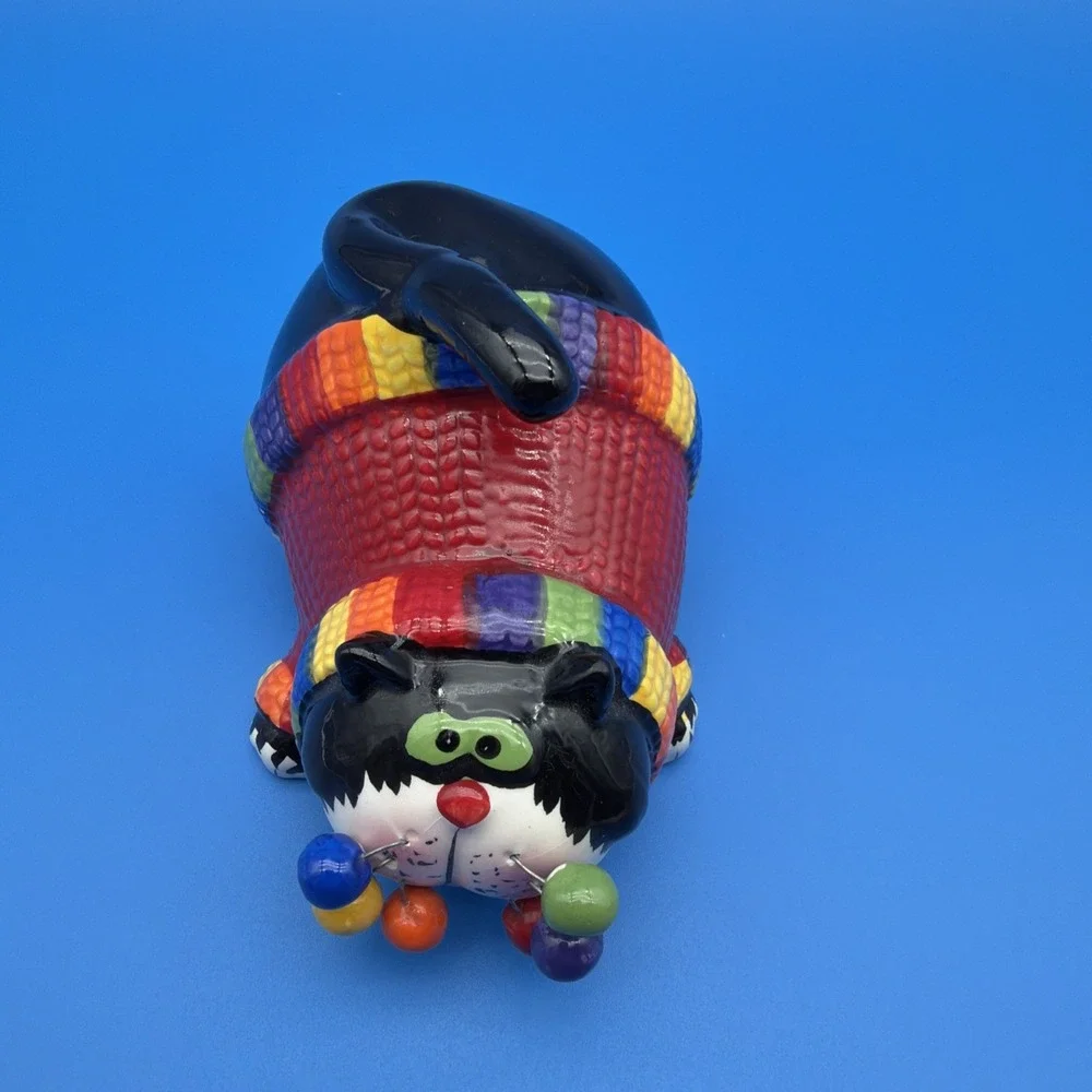 Ceramic Amy Laconbe Black Cat Whimsical Rainbow Sweater Muti Color 6